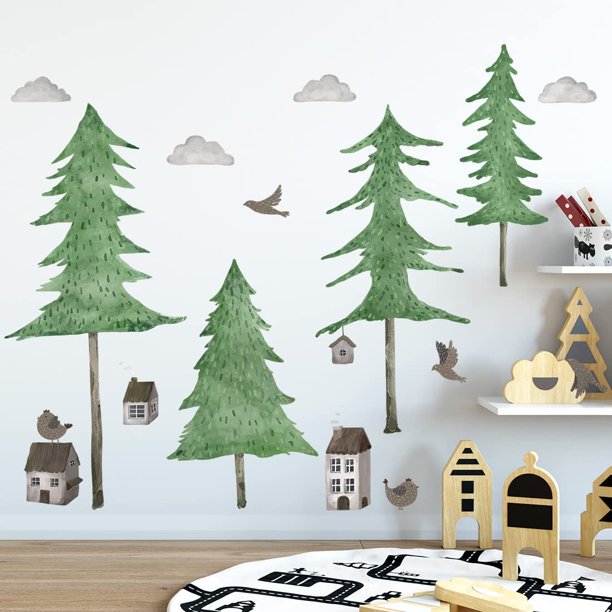 RW6069 Giant Green Tree Wall Decals Large 4 Pine Tree Birds Wall