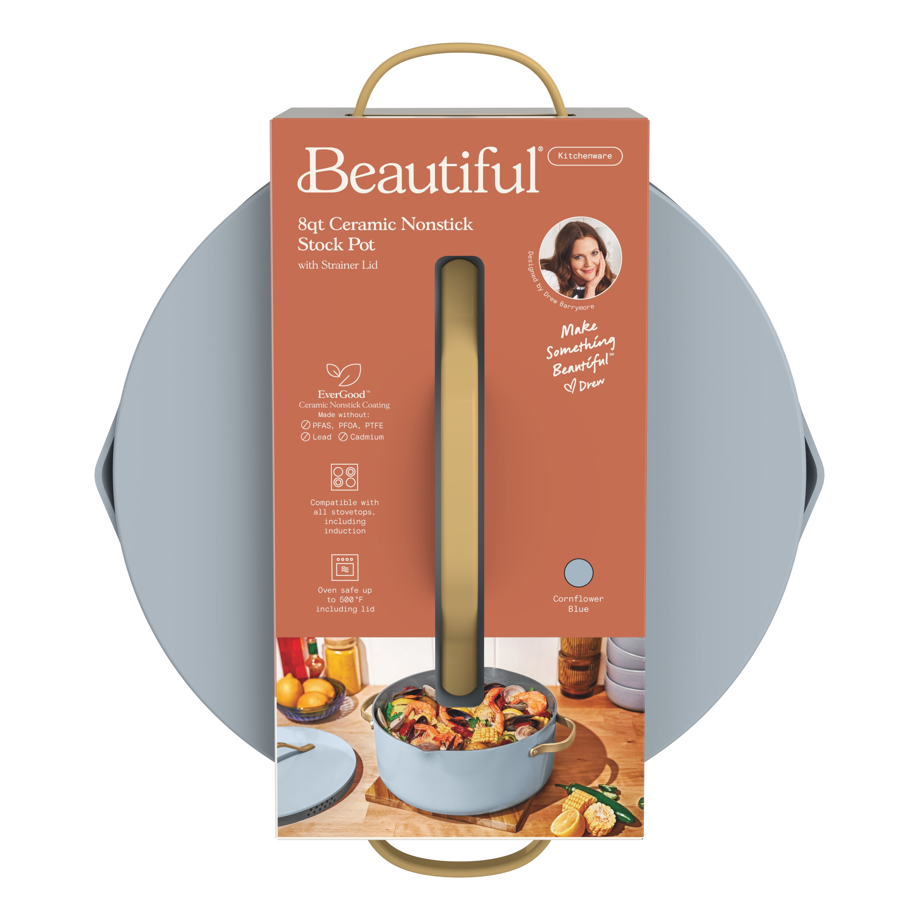 Beautiful 8 Quart Ceramic Non-Stick Stock Pot with Strainer Lid, Cornflower Blue by Drew Barrymore