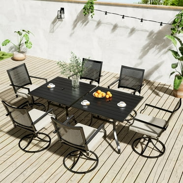 Boyel Living 8Pcs Patio Dining Set, Outdoor Swivel Dining Chairs Set of 6 with 2Pcs Square Table Metal Furniture Set for 4-Person, Black&Gray-Brown