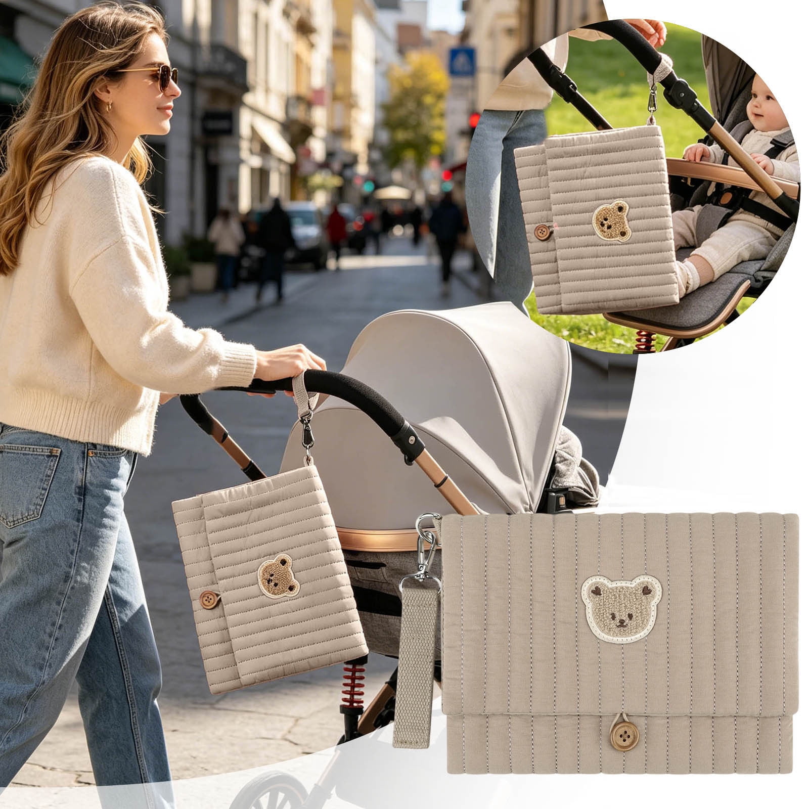 Bear Embroidery Baby Organizer Bag 10.6 Inch Multifunction Diaper Clutch with Wipes Pocket Portable Stroller Attachment Storage Pouch for Travel Brown