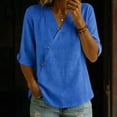 thumbnail image 2 of Women's V-Neck Asymmetrical Linen Blend Blouse - 3/4 Sleeve Casual Button Detail Tunic Top with Loose Fit, Lightweight Solid Boho Shirt for Summer & Vacation Blue L, 2 of 5