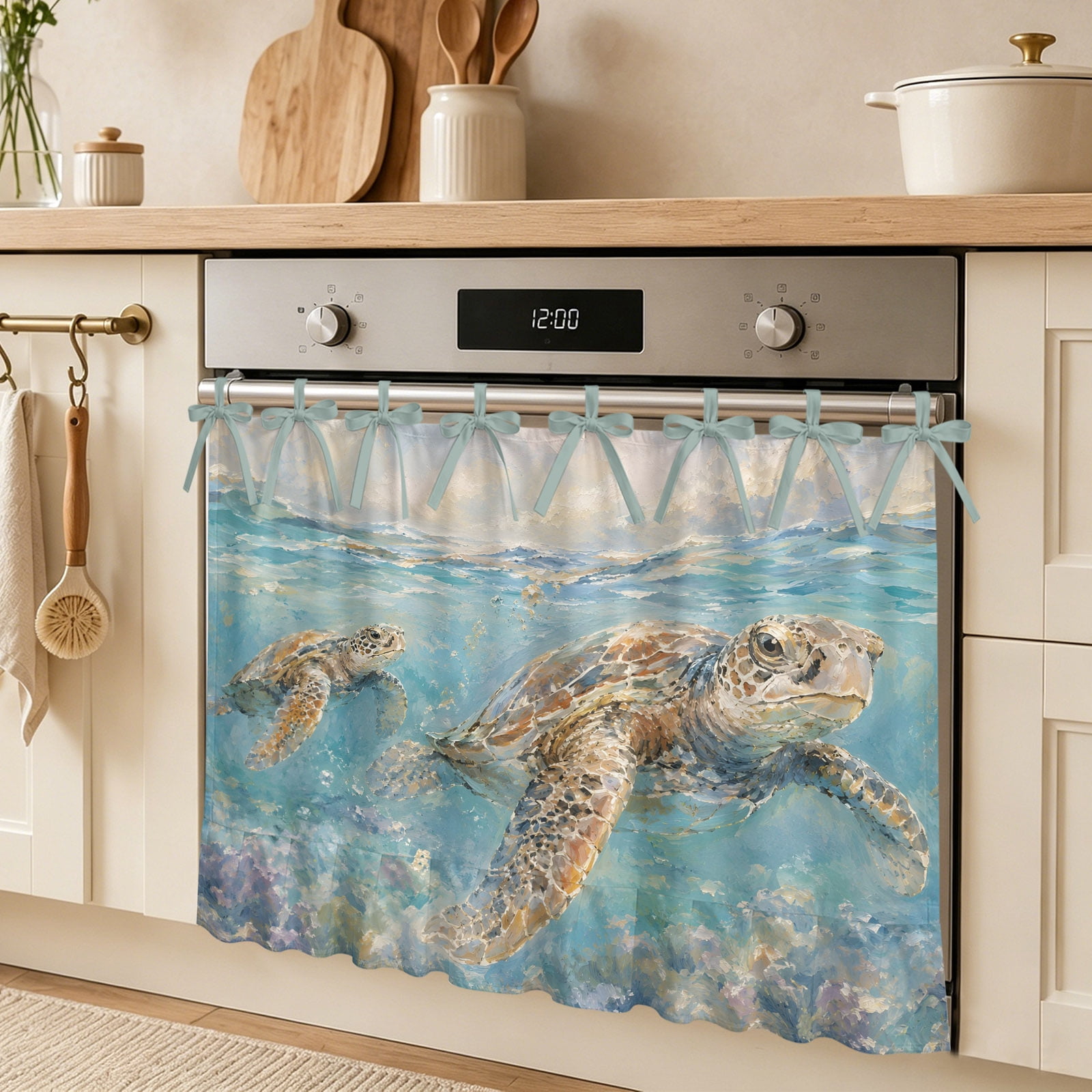 Sea Turtle Oven Skirt Curtain Coastal Nautical Tropical Coral Turquoise Ocean Wave Tie Top Tier Curtains Stove Dishwasher Skirt Small Window Drapes for Kitchen Bathroom Cafe 30 x21.5