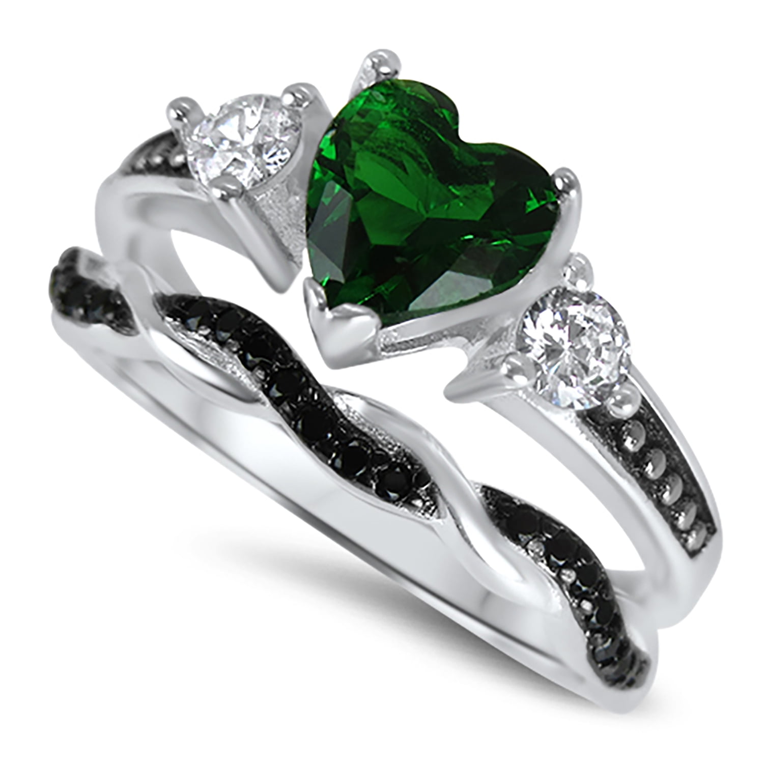 LaRaso & Co 1 Carat Heart Cut Green Emerald CZ Wedding Engagement Ring Set for Women Size 7