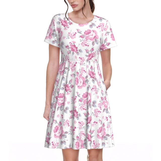 Fotbe Rose Flowers Vestido Largo de Moda para Mujer, Vestido Tipo Camiseta con Manga Corta y Estilo Casual a Rayas y Bloques de Color