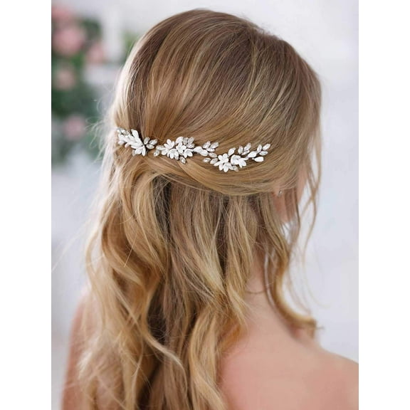 Bride White Flower Wedding Hair Pins Clips Rhinestone Silver Bridal Hair Piece Accessories for Women, Set of 3 (Silver)