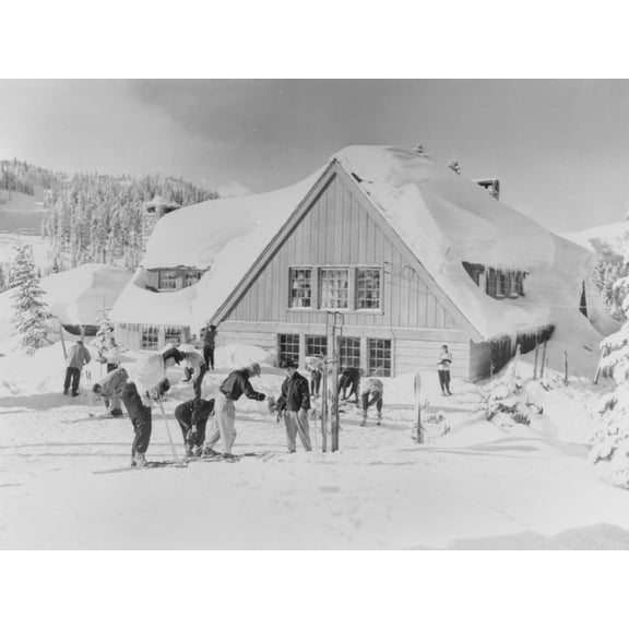 Art.com Skiers at the Stevens Pass ski lodge Photograph - Seattle, WA Art Print by Lantern Press, 16" x 12"