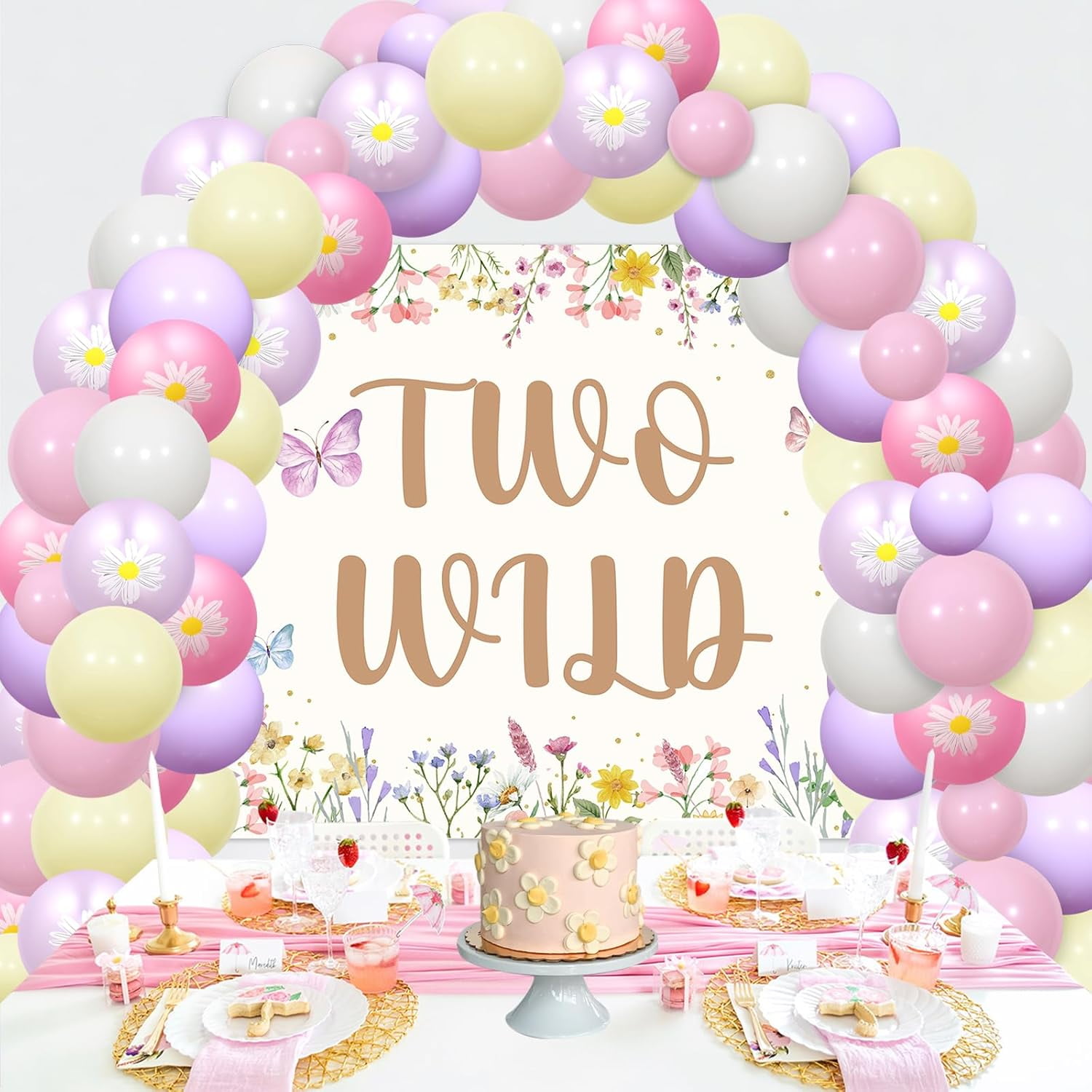 JOYMEMO Wildflower 2nd Birthday Balloon Arch Kit, Flowers Two Wild Second Birthday Backdrop 2 Year Old Girl Bday Decor, Butterfly Floral Two Years Old Birthday Decorations Garden Supplies