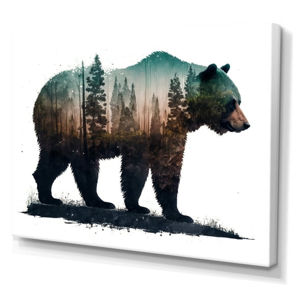 Designart Double Exposure Of A Bear With Forest II Canvas Wall Art