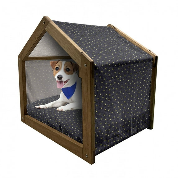 Night Sky Pet House, Hand Drawn Style Yellow Stars and White Dots Celestial Midnight, Outdoor & Indoor Portable Dog Kennel with Pillow and Cover, 5 Sizes, Yellow White, by Ambesonne