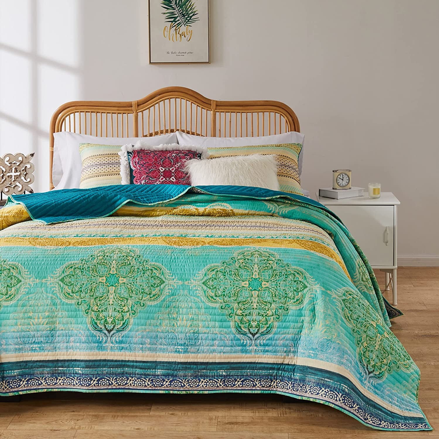 Greenland Home Fashions Aurora Vintage Boho Quilt Set, Blue, 3-Piece Full/Queen