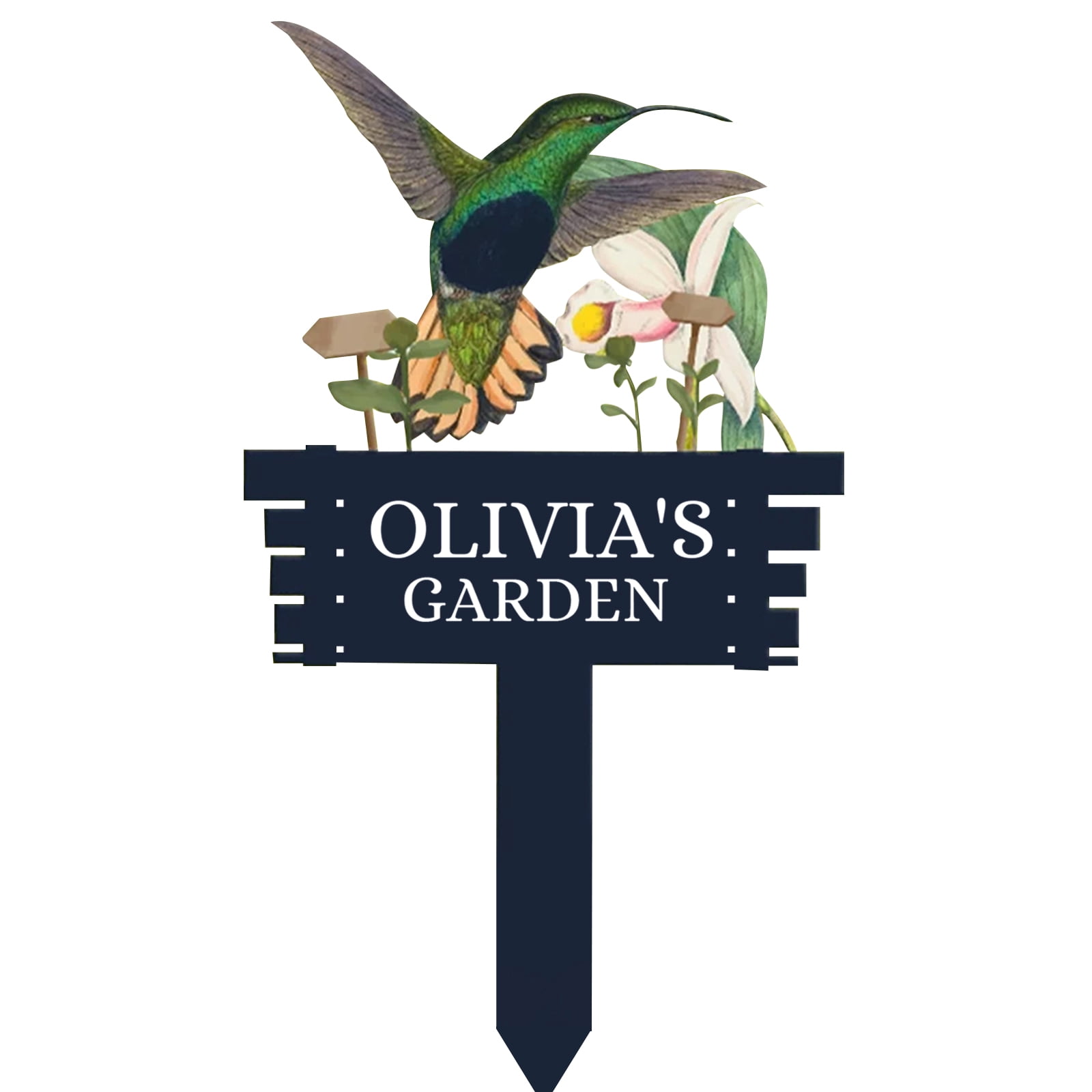 Personalized Humming Bird Flowers Garden Sign, Custom Metal Garden Signs for Outside, Custom Colorful Bird Garden Decor Art Yard Signs with Stakes, Custom Metal Name Sign Gift for Gardeners(10inches)