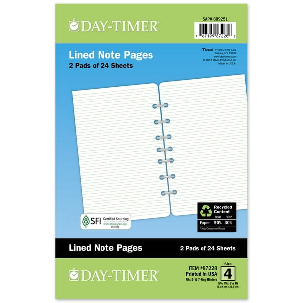 Day Timer Lined Refill Pages Small 5 1 2 X 8 1 2 87228 Walmart 