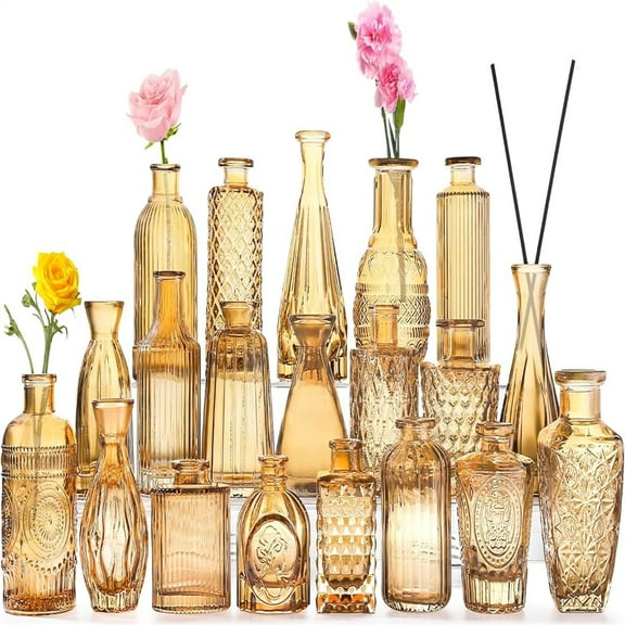 20 Pcs Gold Glass Bud Vases- Set Amber Gold Small Vases for Flowers, Vintage Flower Cute Glass in Bulk for Centerpieces Rustic Drative Wedding Table