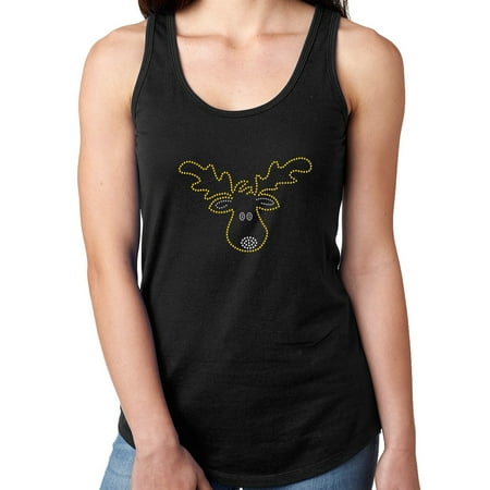 Female Moose - Womens T-Shirt Rhinestone Bling Black Tee Moose Head Cartoon Yellow Tank Racer Back Large