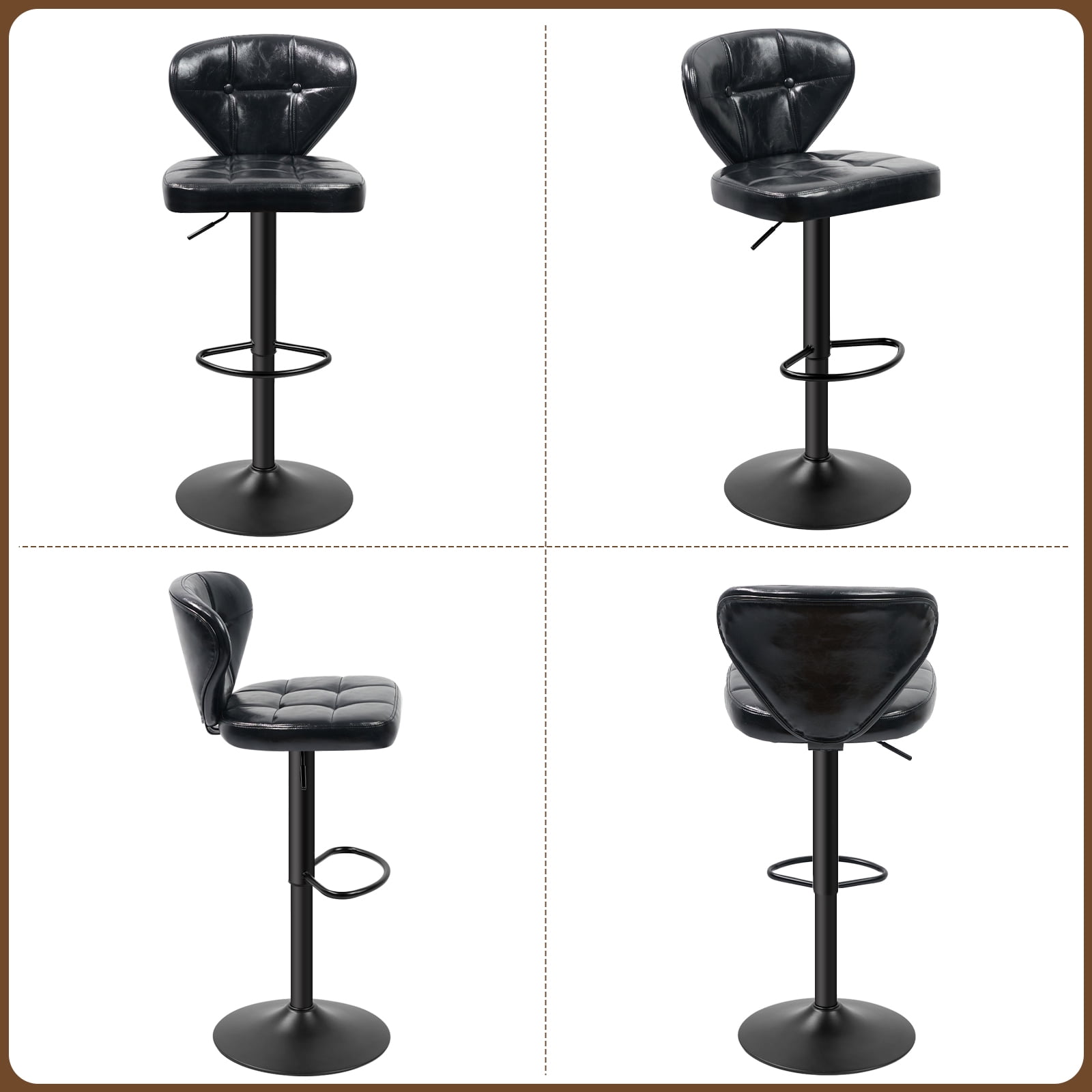 Hawsaiy Vintage Style Leather Bar Stool Set of 4 with Button-Tufted Design,Black