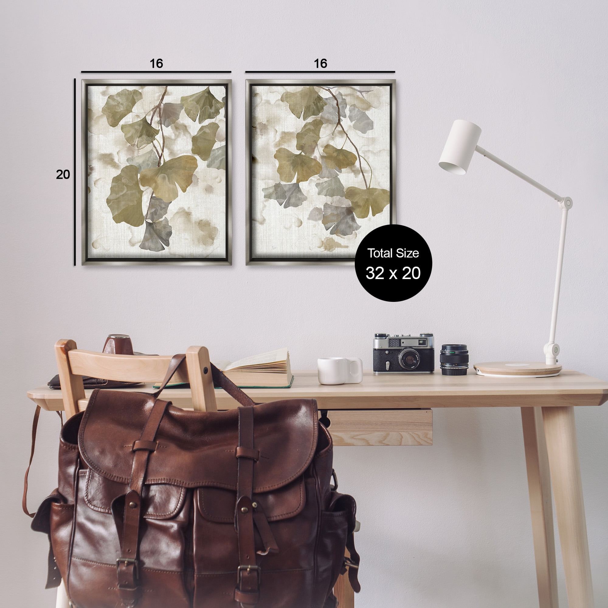 Stupell Industries Rustic Gingko Leaves Botanical & Floral Painting Gray Floater Framed Canvas Art Print Wall Art, 17 x 21, Set of 2