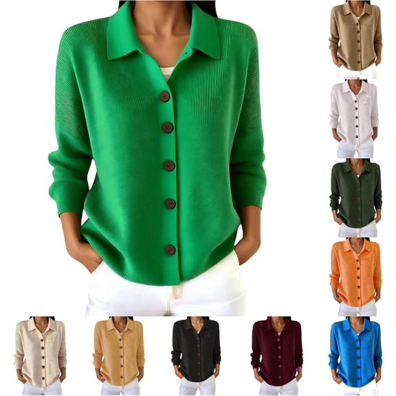 Rggeeun Oversized Cardigan Sweaters for Women Lightweight Cardigans Long Sleeve Ribbed Button Down Fall Knit Tops Lapel Collar Casual Outerwear Daily Wear Simple,Green,3XL