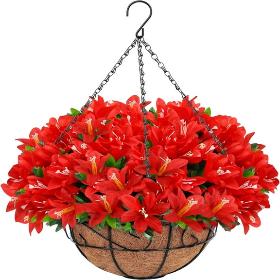 ZULAR Artificial Silk Flowers Hanging Basket for Outdoor Indoor,Daisy with Eucalyptus Leaves Arrangement for Garden Yard Spring Decor,Faux Green Plant in Metal Coconut Lining Pot (Purple Pink)