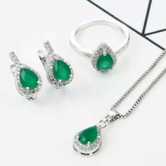 K-KED Created Cubic Zirconia Necklace Earrings Rings 925 Silver Women Delicate Jewelry set-Green-10