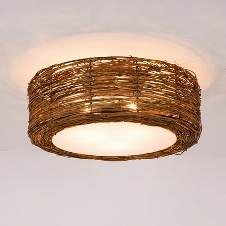 

OUKANING 16 Modern Bamboo Rattan Ceiling Light Fixture Drum Shape Bedroom Pendant Lamp