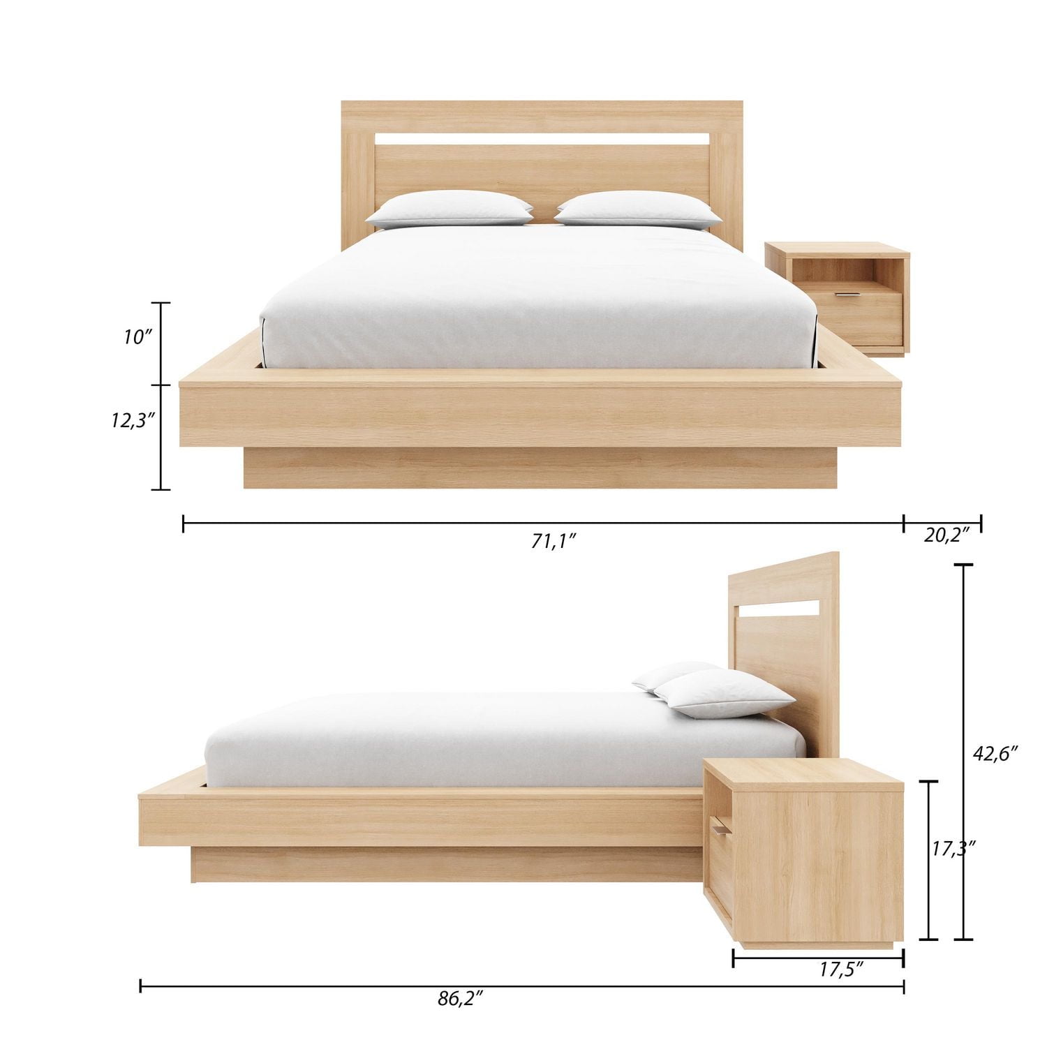 Stanley 3 Piece Bedroom Set with Headboard, Slatted Bedframe, 1 Nightstand