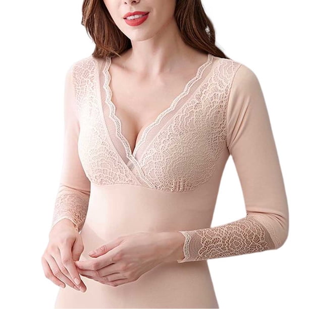 Qarigey Ropa interior térmica para mujer, jersey con forro de terciopelo de manga larga, Otoño Invierno, hogar, oficina, escuela, camisetas cálidas Ropa interior Color de piel XXL Qarigey AP013492-04