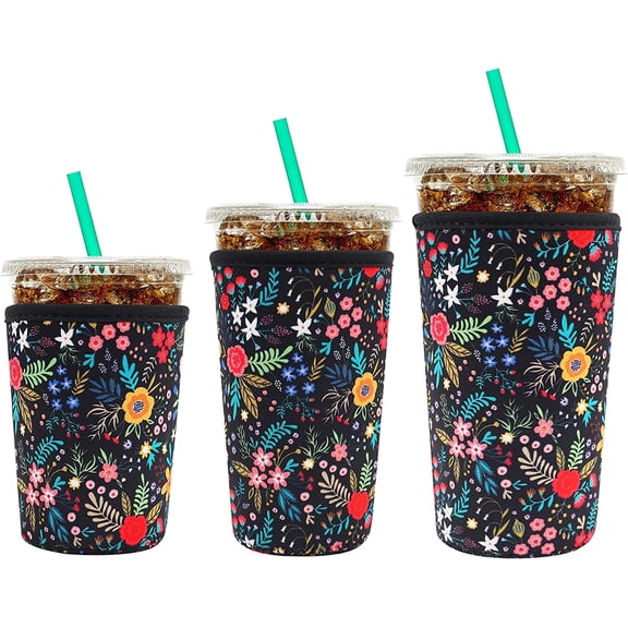 3 Pack Reusable Neoprene Iced Coffee Sleeve, Insulated Cup Sleeves for Hot & Cold Drinks, Portable Coffee Koozies Compatible with Starbucks (Little Flower)