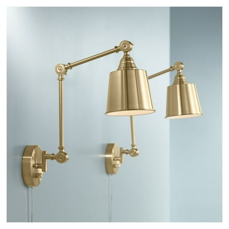 - 360 Lighting Set of 2 Mendes Antique Brass Down-Light Plug-In Wall Lamps