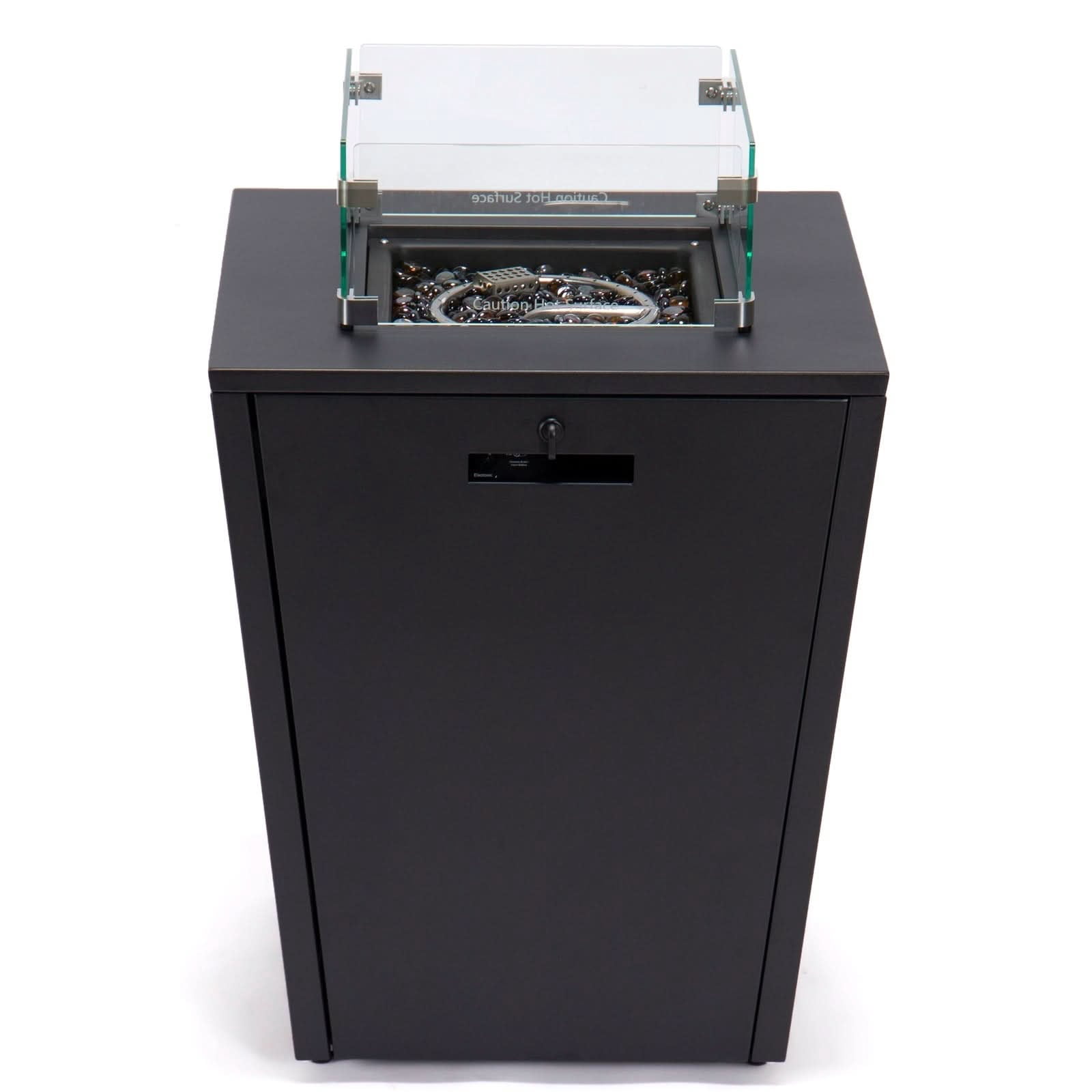 LeisureMod Chelsea 32" Propane Gas Fire Pit Table, Black Steel CSA-Certified Outdoor Firepit with Tempered Glass Wind Guard & Lid – Patio Heater for Backyard or Garden