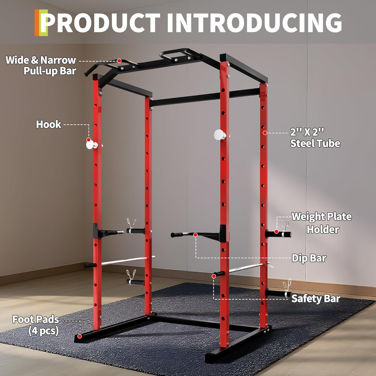Heavy Duty Multi-Function Power Cage Squat Rack – 1100LB Capacity with Pull-Up Bar, Adjustable Safety Bars, Bench Press Rack for Home Gym Strength Training