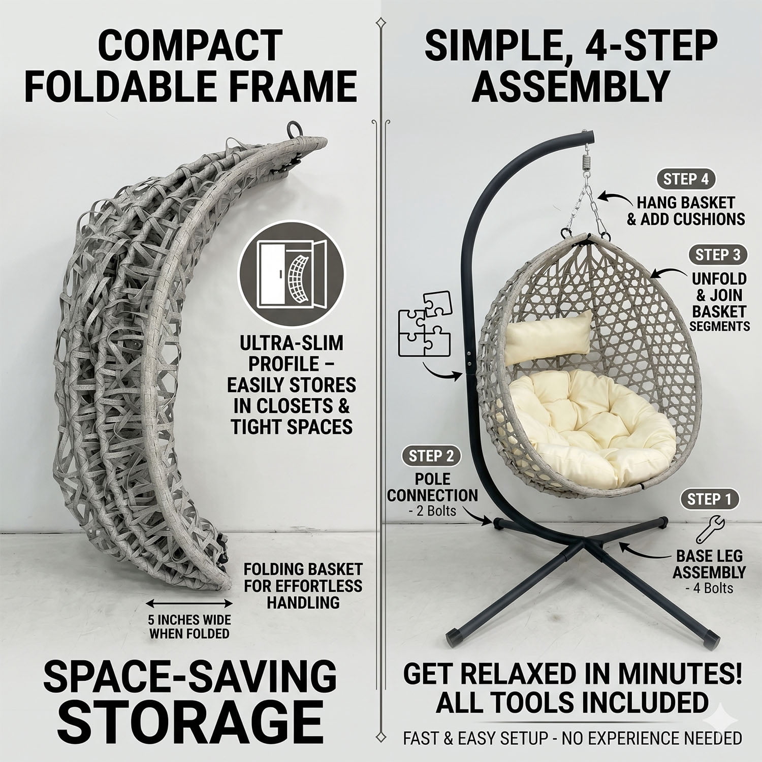 Folding PE Rattan Hanging Egg Chair with Stand, Indoor Outdoor Hammock Swing Basket Chair, Anti-Rust Aluminum Steel Frame for Patio Balcony Backyard Bedroom, 350LBS Weight Capacity