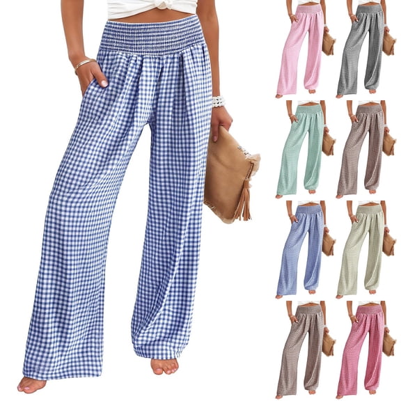 Wide Leg Pants for Women BWASD Casual Loose Plaid Pattern Flowy Palazzo Pants Baggy High Waist Elastic Trousers Blue S-XXL Summer Beach Vacation Travel 2026
