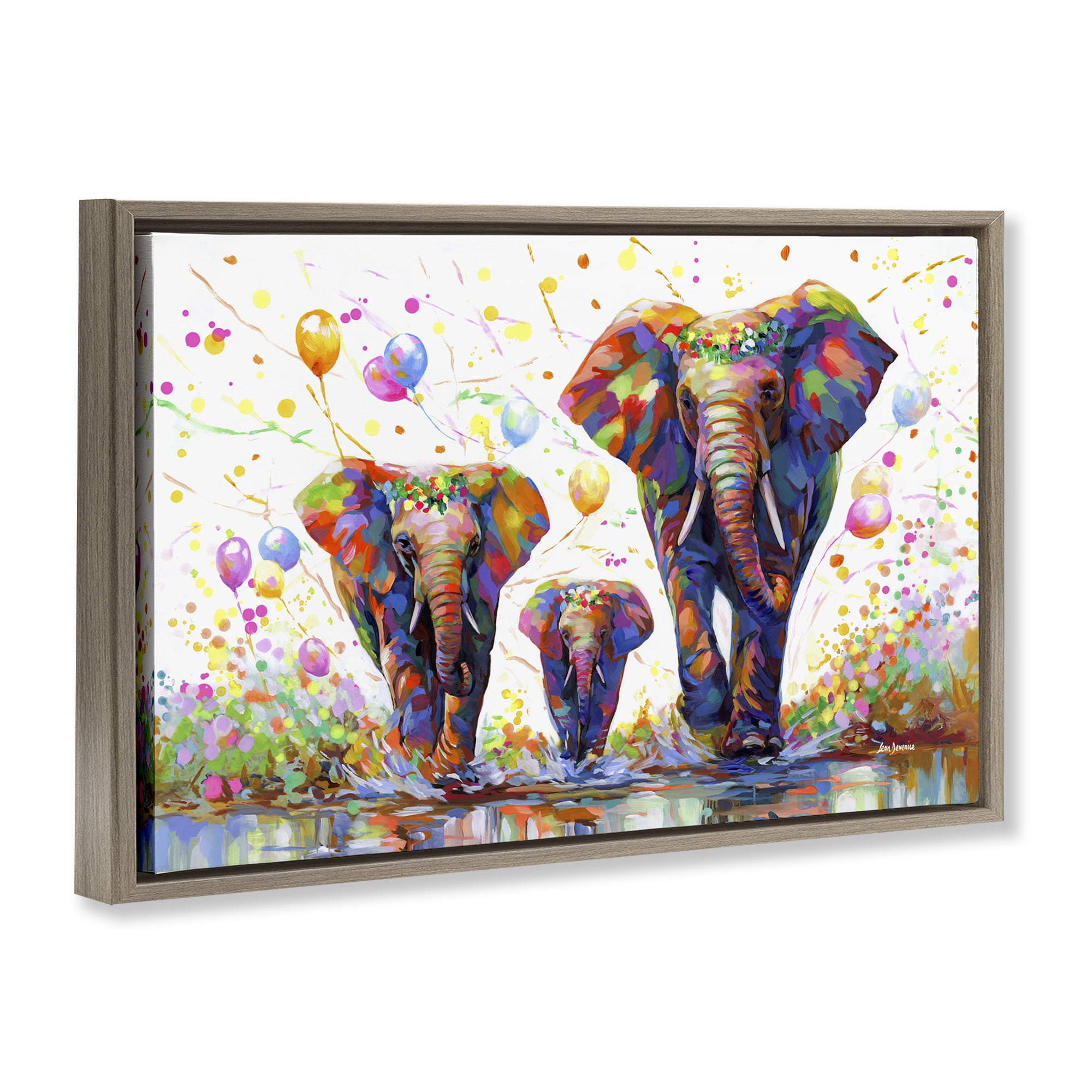 Stupell Industries Elephants & Celebration Balloons Animals & Insects Painting Brown Floater Framed Canvas Art Print Wall Art, 31 x 21