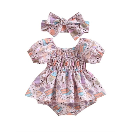

Baby Girl Smocked Romper Dress Floral Short Puff Sleeve Off Shoulder Ruched Jumpsuit Bodysuit with Headband (Pink-Purple 0-3 Months)