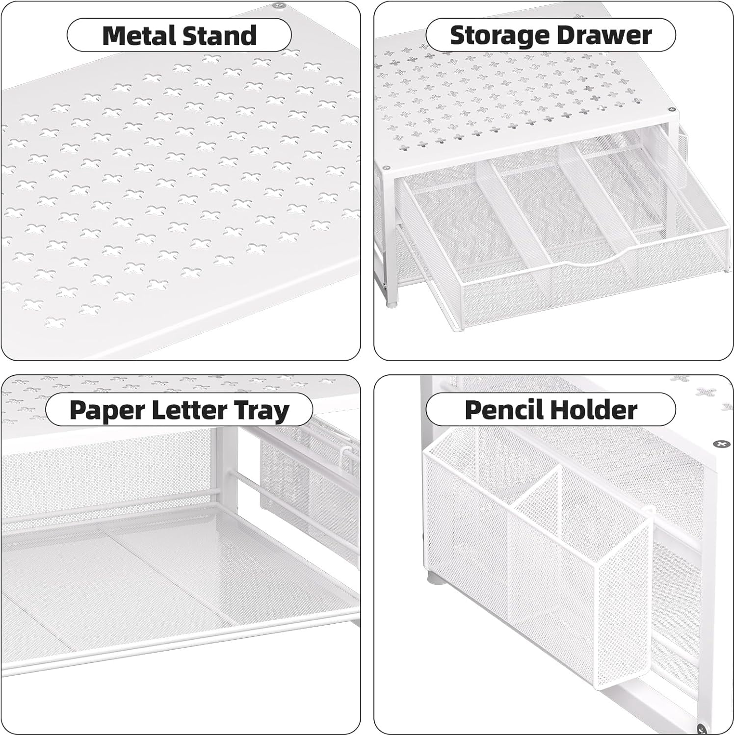 Metal Printer Stand for Desk with Storage Drawer and 2 Pen Holders, 2-Tier Desktop Organizer Printer Table for Home Office, Multi-Purpose Desk Organizer for Fax Machine Scanner Files(White)