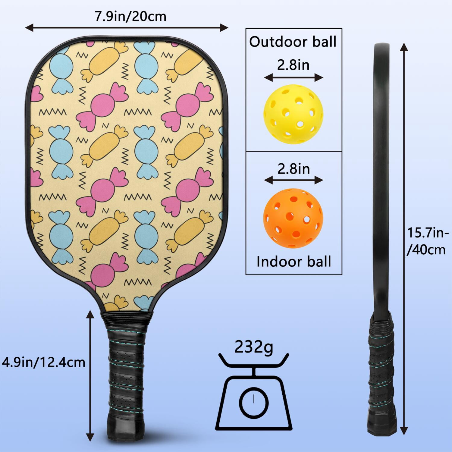 Pickleball Paddles Set Of 2, Fiberglass Surface, Sweet Candy Print, 4 Balls & Bag