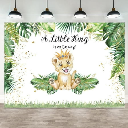 Image of Haboke 7×5ft Lion Baby Shower Backdrop A Little King is On The Way Background Safari Baby Boy Lion Baby Shower Party Cake Table Decoration Banner Photo Booth Props