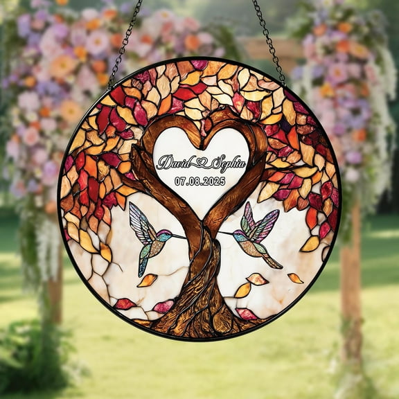 Custom Tree of life Anniversary Suncatcher, Wedding Anniversary Stained Glass, Hummingbird Lovers For Couple, Wedding Anniversary Decor