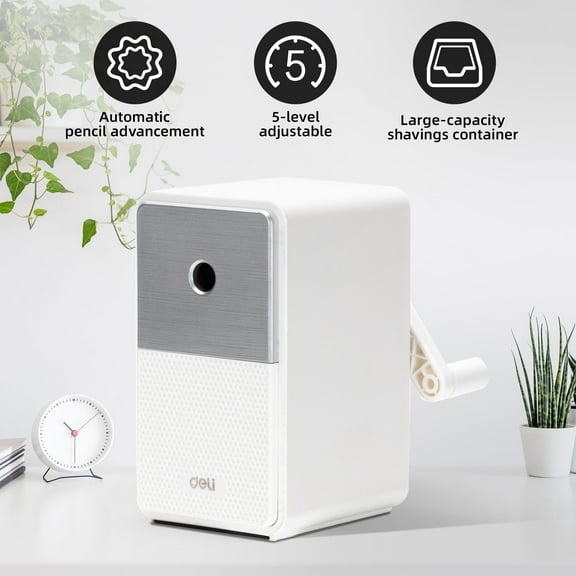 Deli Manual Pencil Sharpener - Auto-in Hand Crank with Adjustable Point, Stronger Helical Blade to Fast Sharpen, Home and Office, White