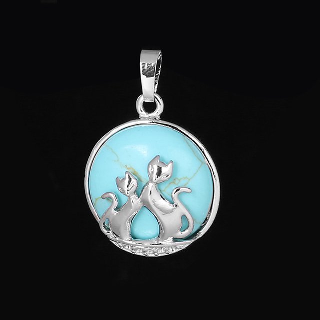 Pendentif Chat pour Collier Pierre Naturelle Perles Rondes Plates Pendentif Cœur d'Amour Femmes
