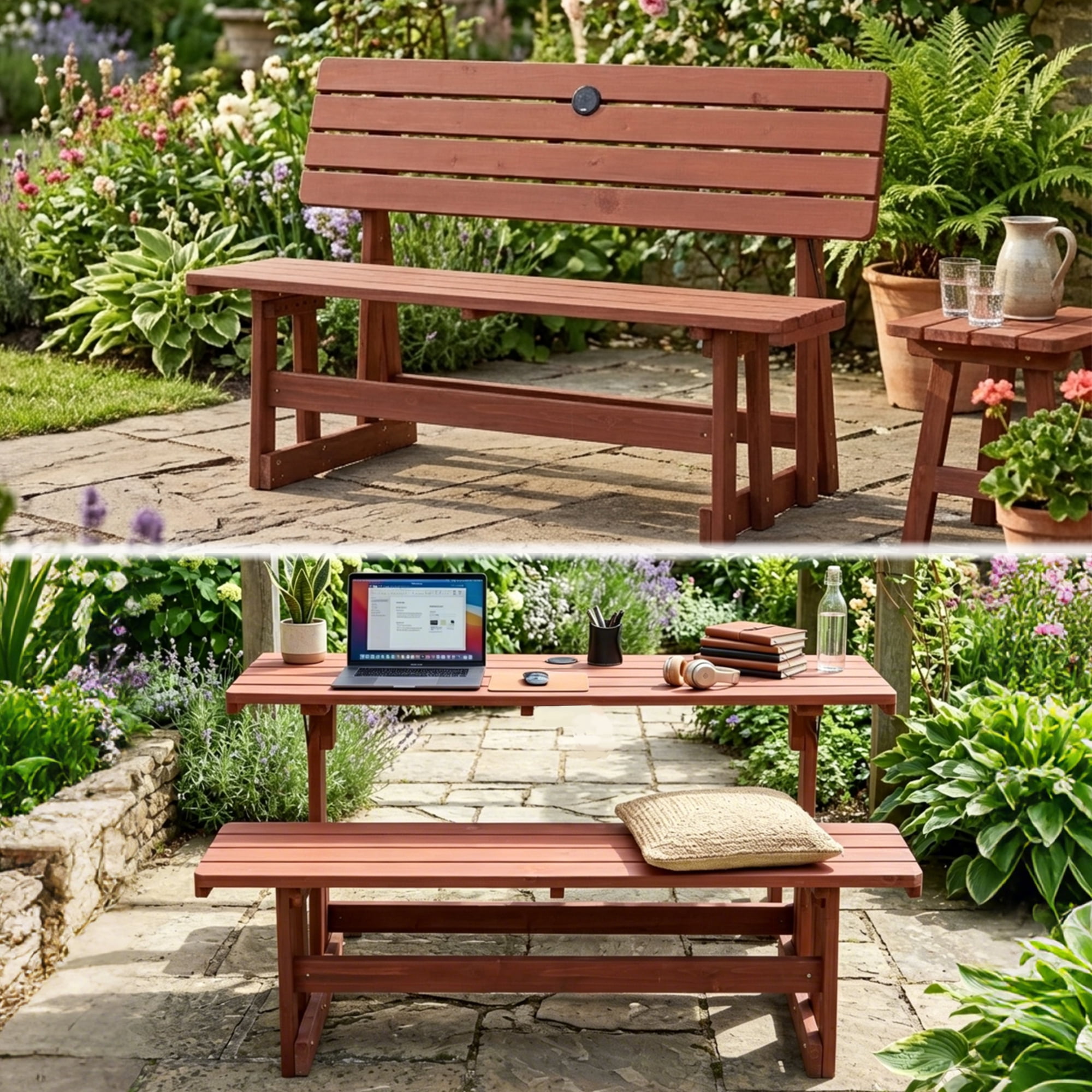 DEALTOPS 2-in-1 Convertible Solid Wood Bench to Picnic Table Set with Umbrella Hole for Outdoor Patio