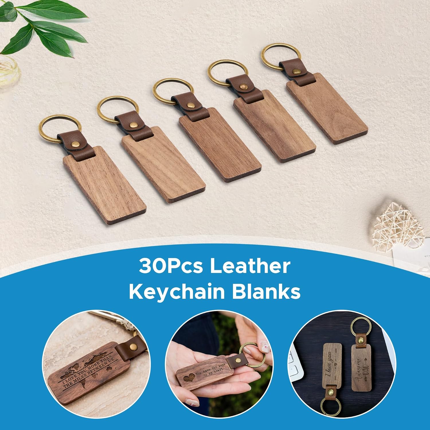 Wooden Keychain Blanks, Wood Key Chain Bulk, Unfinished Wooden Key Rings Key Tags for Laser Engraving DIY Craft Gift