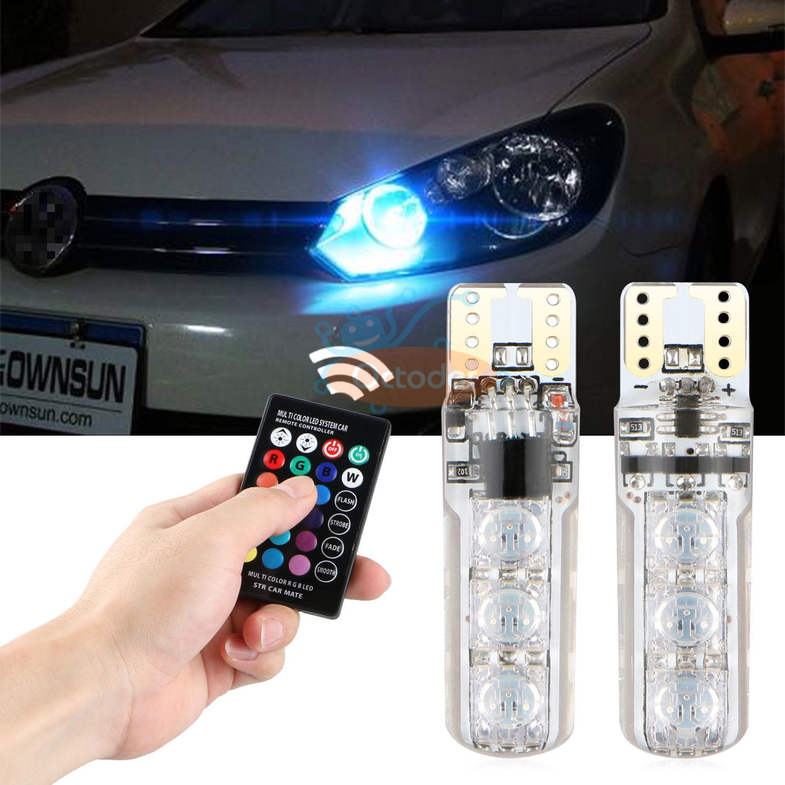 CUHAWUDBA 2PCS T10 W5W 5050 6SMD RGB LED Multi Color Light Car Wedge Bulbs Remote Control