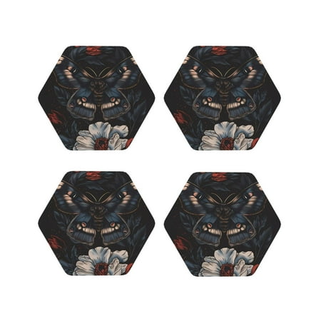 

KLL Drink Coasters Set Hexagon of 4 PU Leather Absorbent Coasters Set Decorative Coffee Cup Coasters Housewarming Gift for Home Decor-Midnight Butterfly Floral Dream