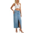 thumbnail image 2 of INSPIRE CHIC Women's Denim Skirt High Waist Split Front Raw Hem Washed Maxi Skirt with Pockets Jean Skirts L Light Blue, 2 of 6