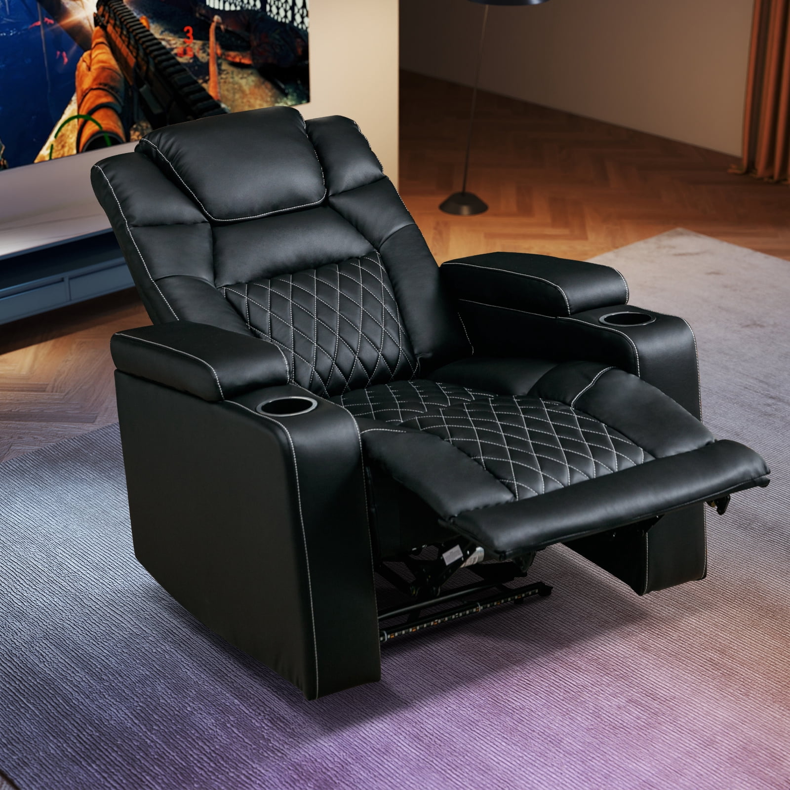 Bonzy Home Electric Power Recliner Reclining Chair with USB Ports and Cup Holders, Home Theater Seating with LED Light Movie & Media Room Chairs