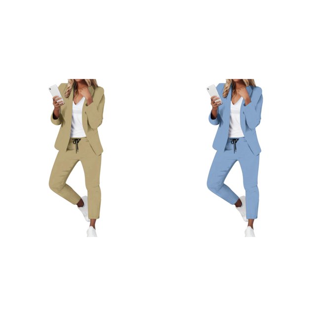(2-Pack) Rinsvye Womens Solid Long Sleeve Pants Suit Set With Pockets Elastic Waistband Tailored Fit Business Formal Wear