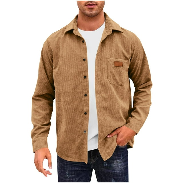 KIHOUT Men's Corduroy Button Down Shirts Casual Long Sleeve Solid Color Shacket Jacket with Breat Pockets