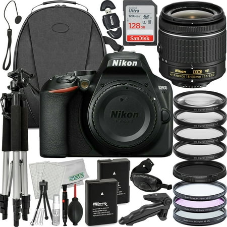 Nikon D3500 DSLR Camera with 18-55mm Lens + Advanced Accessory Bundle: SanDisk 128GB Ultra SDXC, 2x Replacement Batteries (1700mAh), Lightweight Tripod & Much More (31pc Bundle)