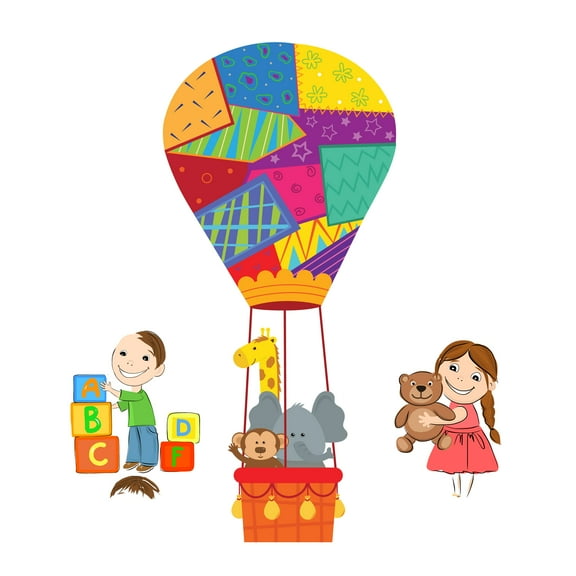 DAYCARE - Kids Playroom Kindergarten Multicolored Daycare Art Decoration Children Animals Toys Hot Air Balloon Design Vinyl Child Care Wall Decal 18" x 20"